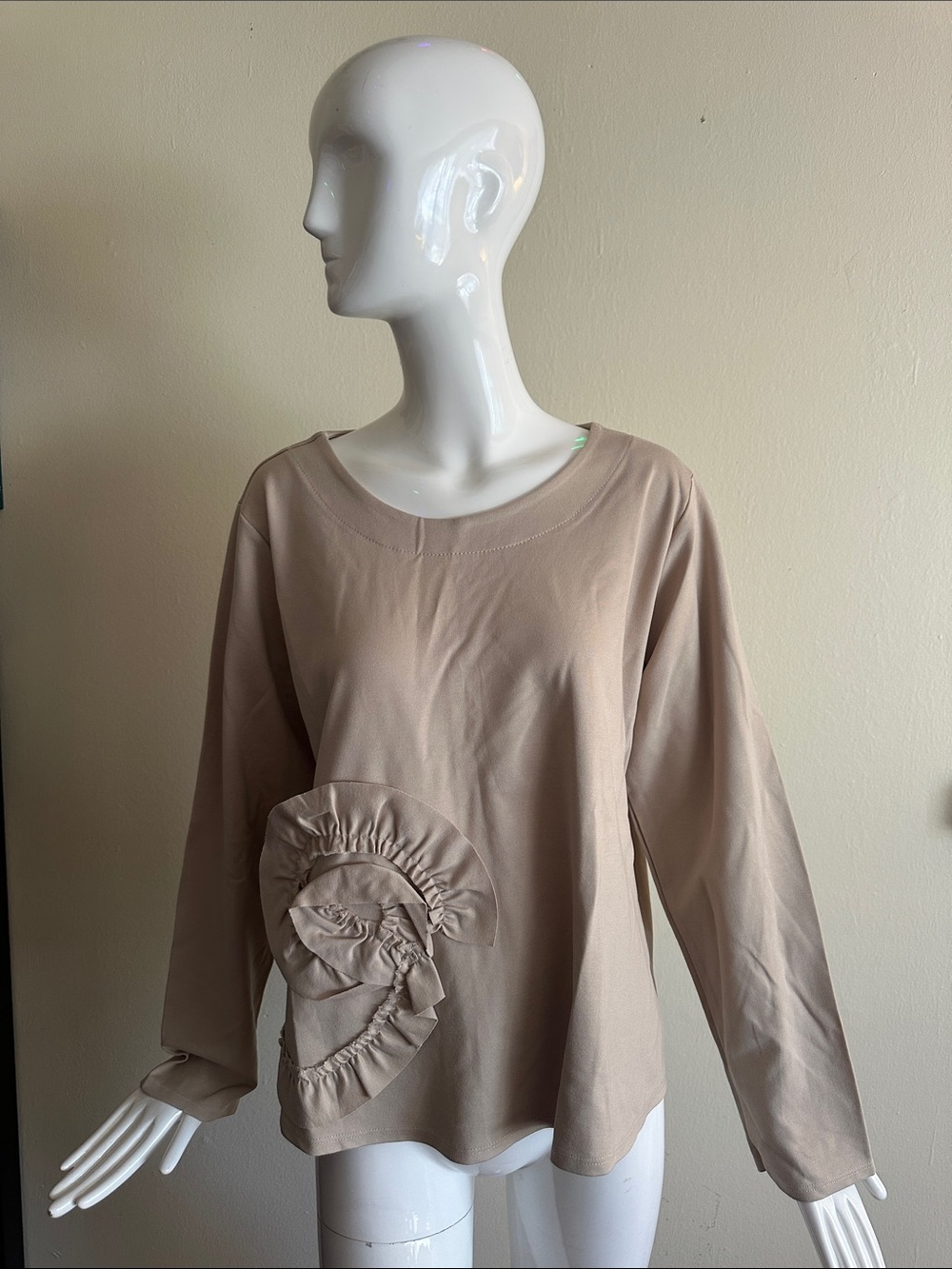 Womens Beige Long-Sleeve Ruffle Accent Top